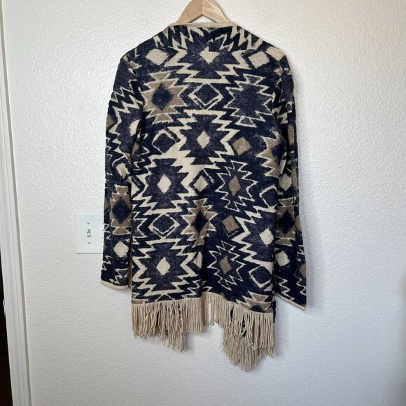 Lucky Brand Fringe Open Front Southwestern Cardigan Sweater Aztec Print boho L - Picture 8 of 11